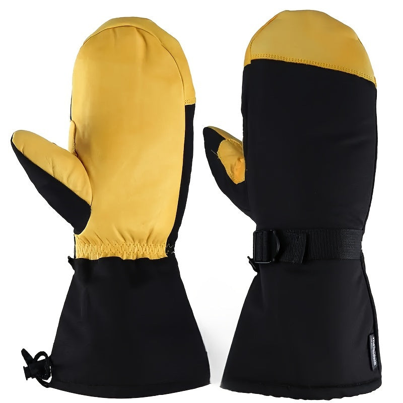 Men's Waterproof Ski Mittens with Drawstring Closure, Nylon Woven Fabric, Hand Washable - Thermal Insulated Gloves for Winter Sports