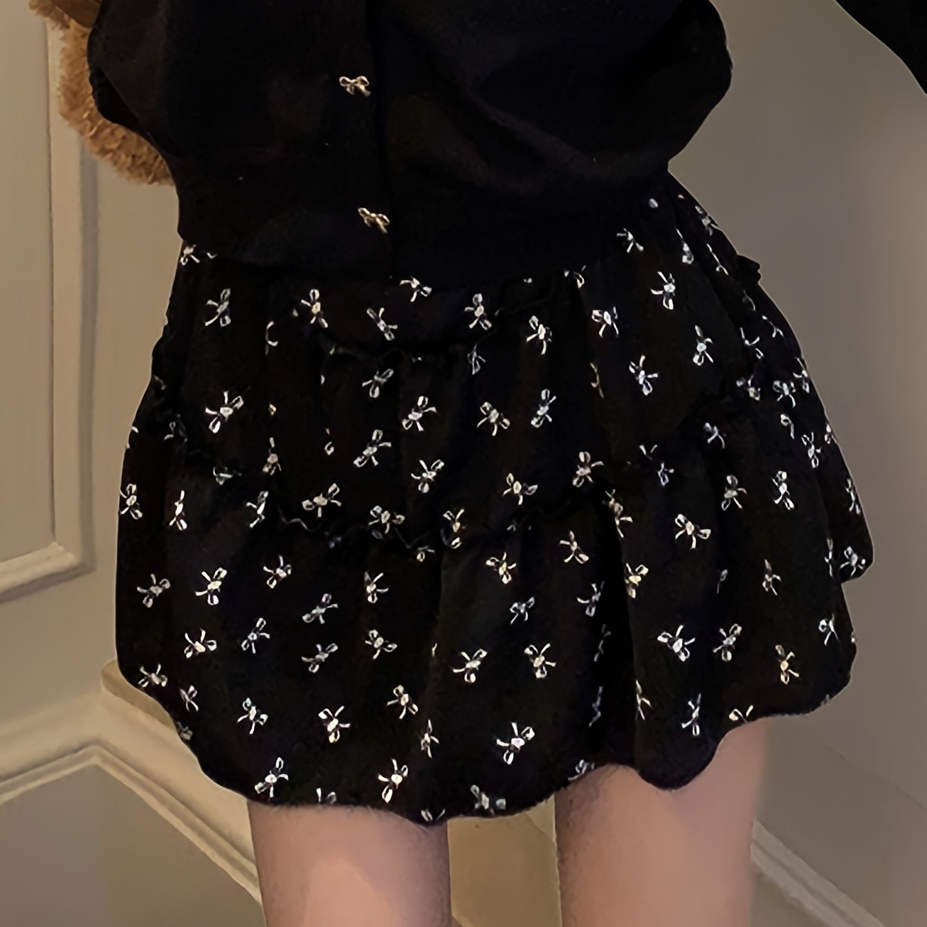 Sixsr Bow Print Ruffle Hem Skirt, Casual Mini Skirt For Summer, Women's Clothing