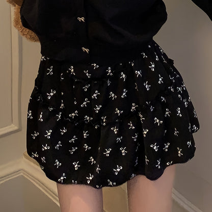 Sixsr Bow Print Ruffle Hem Skirt, Casual Mini Skirt For Summer, Women's Clothing