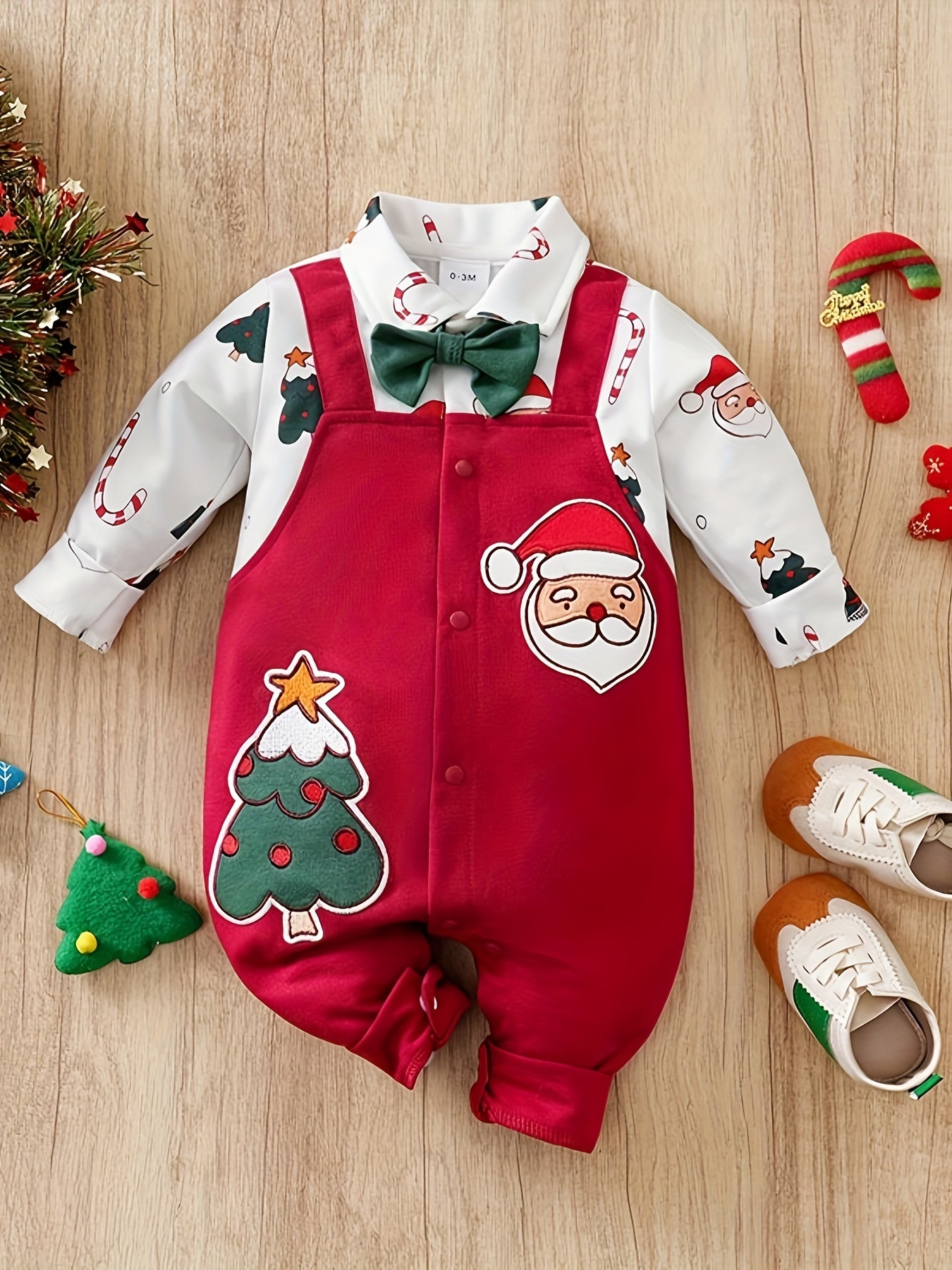 Faux Suspender Overalls Xmas Symbols Pattern Jumpsuit With A Bow Tie For Baby Boys, Perfect For Autumn And Winter Outdoors