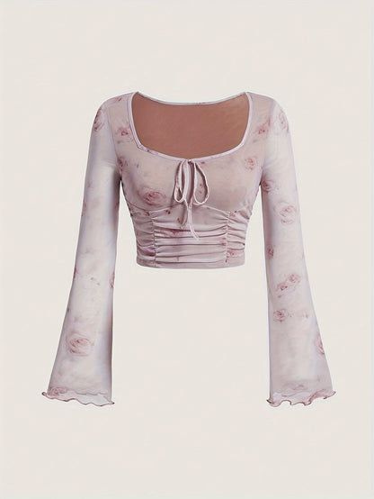 Sixsr Tie Dye Print Tie Front Ruched T-Shirt, Casual Long Flare Sleeve Top For Spring & Fall, Women's Clothing