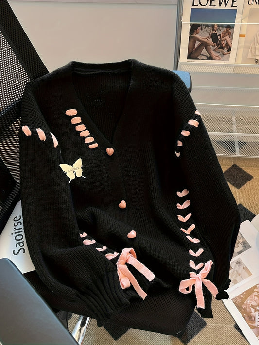 Sixsr Lace Up Button Down Knit Cardigan, Casual Long Sleeve Loose Sweater, Women's Clothing