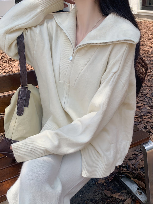 Sixsr Solid Zip Up Knit Cardigan, Casual Turndown Collar Long Sleeve Loose Sweater, Women's Clothing