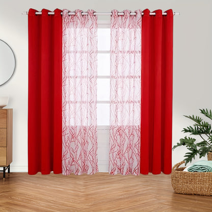 1 Panel Branch Printed Sheer Curtain + 1 Panel Blackout Curtain - Panels for Bedroom, Office, Living Room Home Decor with Grommet Top Window Drapes