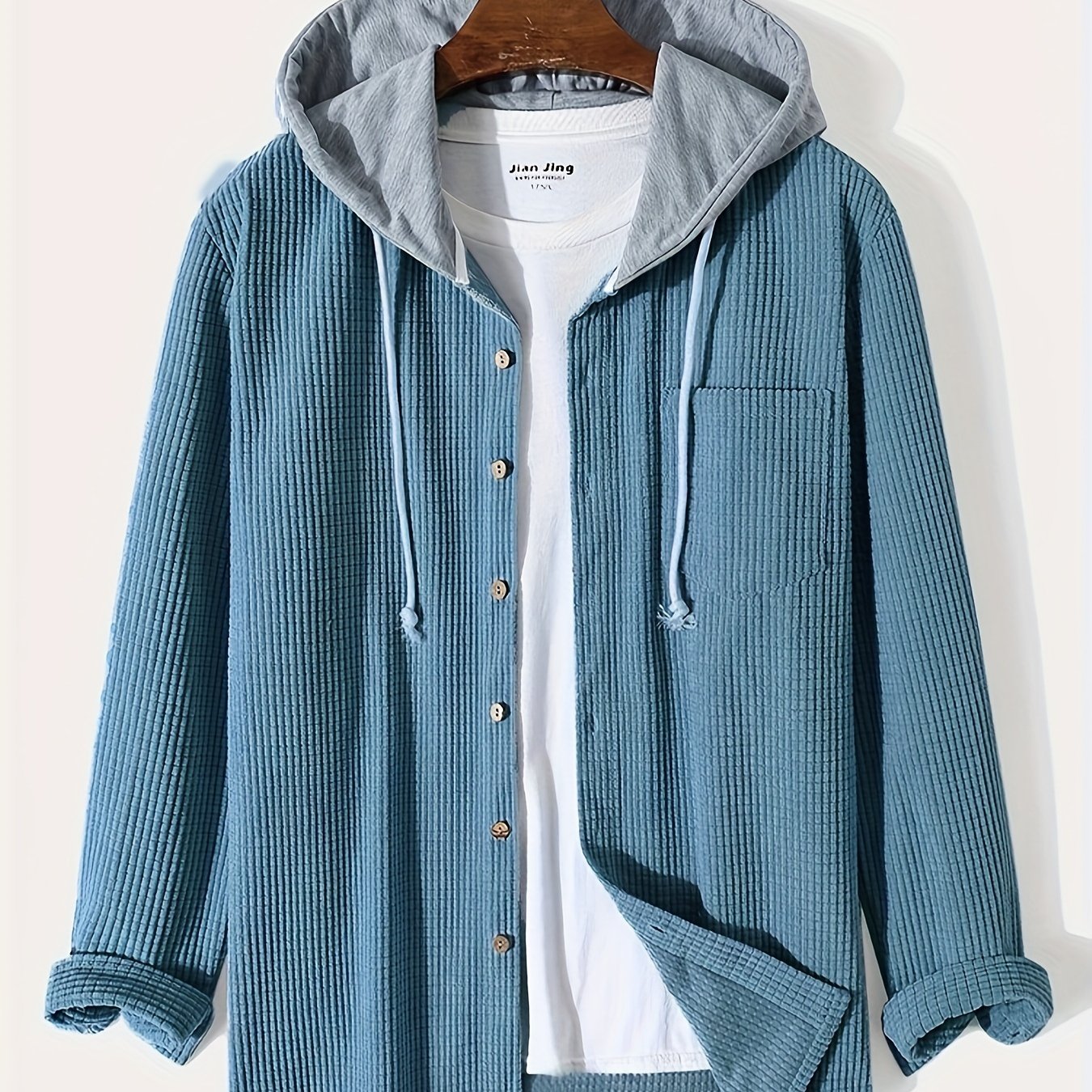 Sixsr Waffle Pattern Hoodie Shirt Coat For Men Long Sleeve Casual Regular Fit Button Up Hooded Shirts Jacket