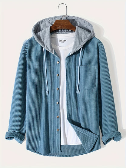 Sixsr Waffle Pattern Hoodie Shirt Coat For Men Long Sleeve Casual Regular Fit Button Up Hooded Shirts Jacket