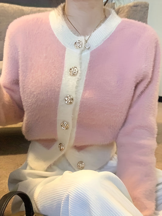 Sixsr Color Block Button Up Knit Cardigan, Casual Long Sleeve Cozy Crop Sweater, Women's Clothing