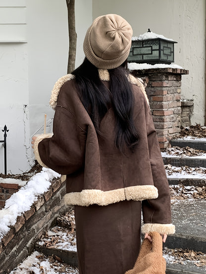 Sixsr Fuzzy Trim Stand Collar Coat, Casual Button Front Long Sleeve Warm Outerwear, Women's Clothing