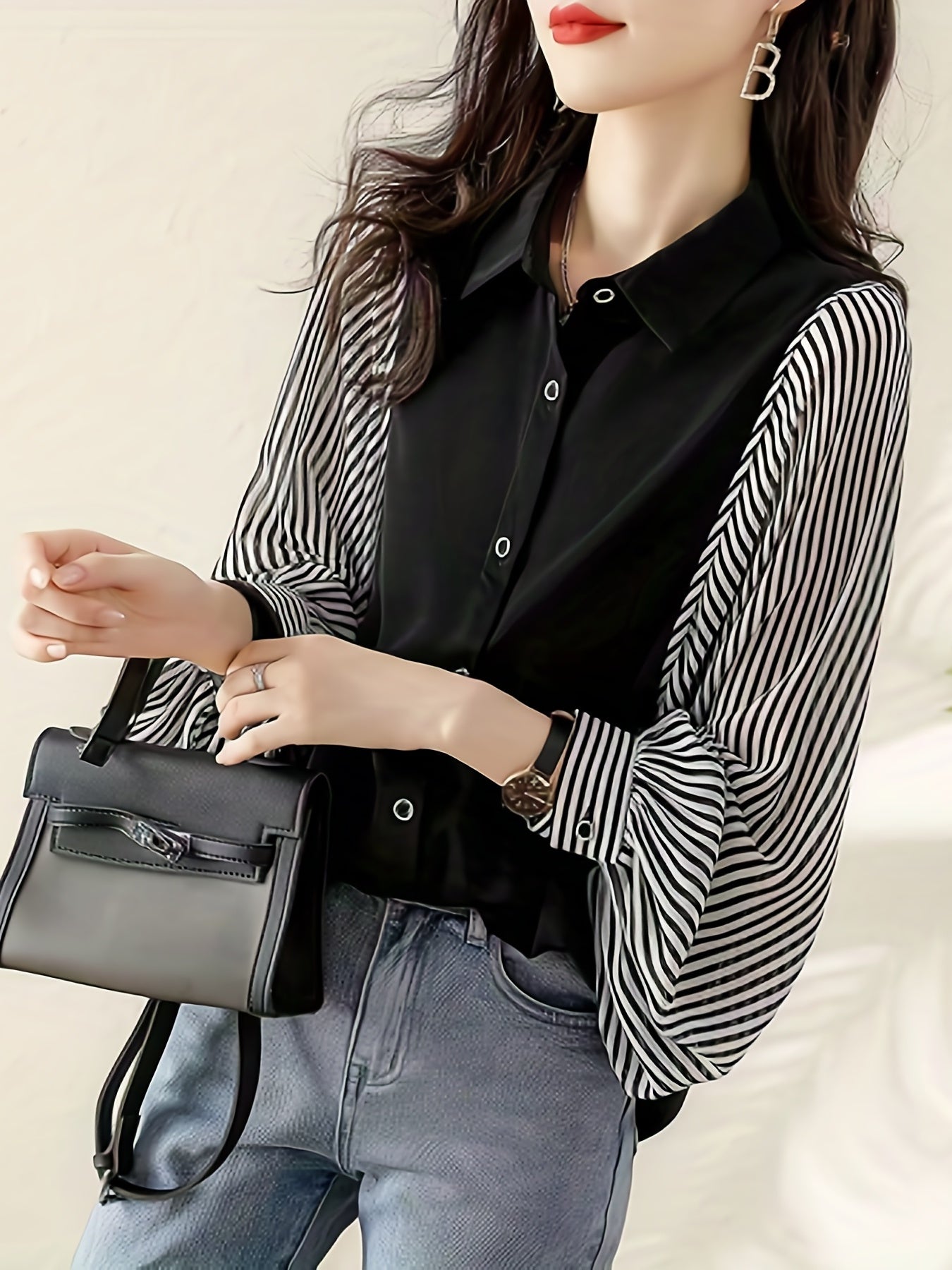 Sixsr Striped Print Splicing Shirt, Casual Button Front Long Sleeve Shirt, Women's Clothing