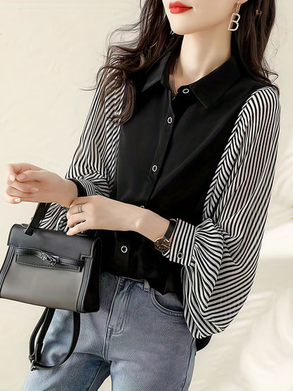 Sixsr Striped Print Splicing Shirt, Casual Button Front Long Sleeve Shirt, Women's Clothing