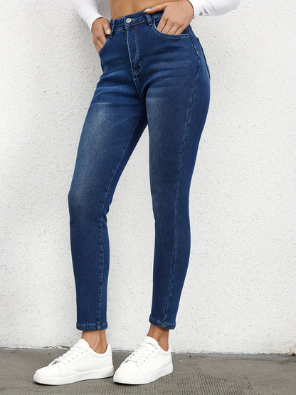 Sixsr Plain Fleece Liner Skinny Jeans, Slim Fit Mid-Stretch Keep Warm Casual Denim Pants, Women's Denim Jeans & Clothing
