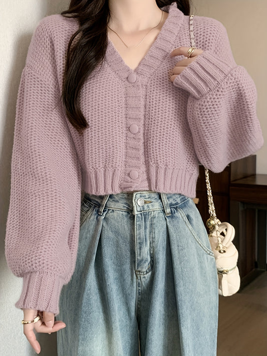 Sixsr Solid Button Down Knit Cardigan, Elegant Long Sleeve Crop Sweater, Women's Clothing