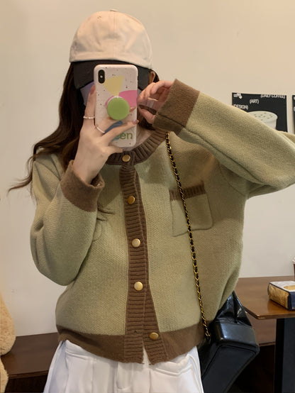 Sixsr Contrast Trim Button Up Knit Cardigan, Casual Crew Neck Long Sleeve Pocket Sweater, Women's Clothing