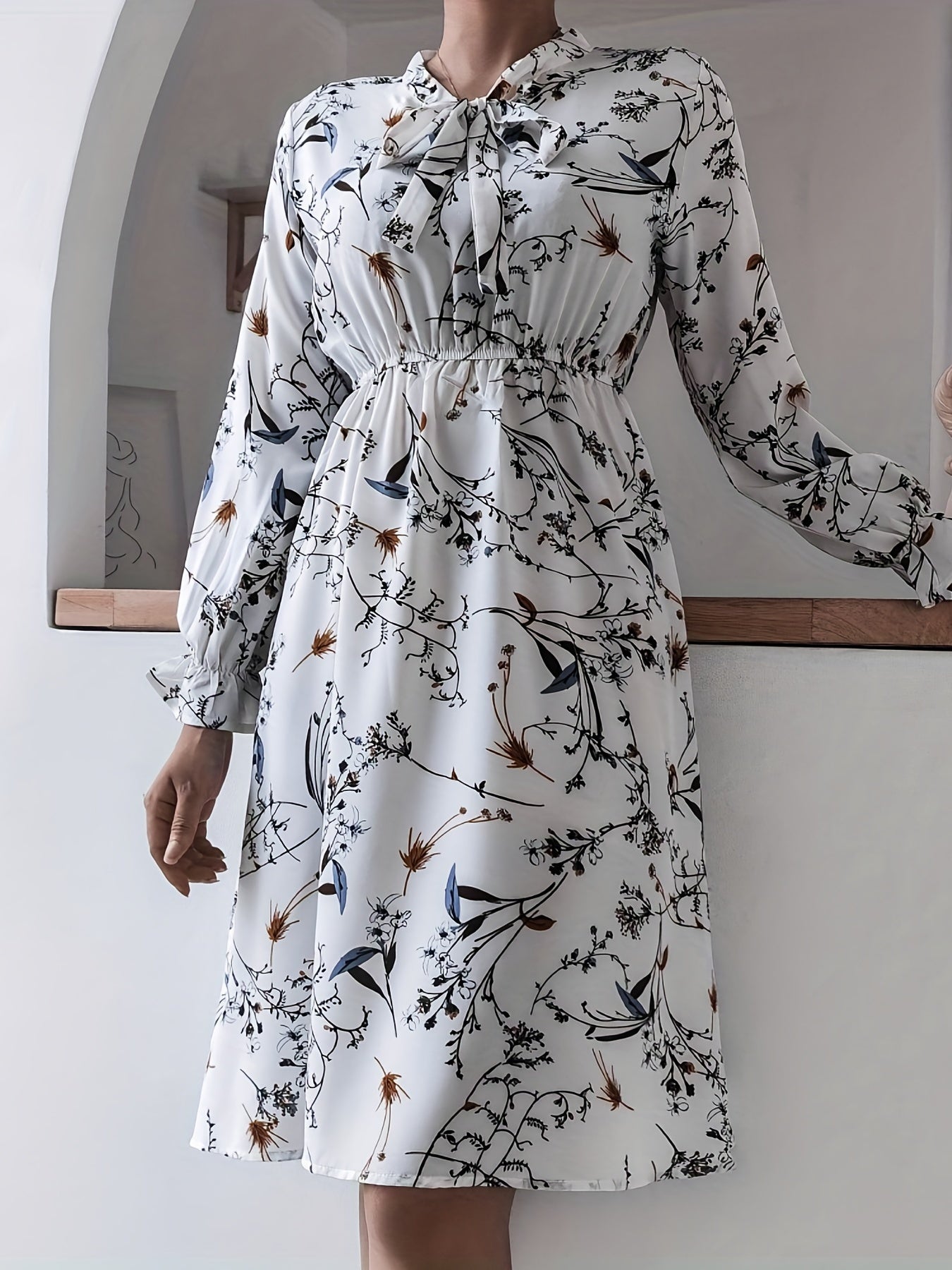 Sixsr Floral Print Tie Front Dress, Casual Long Sleeve Dress For Spring & Fall, Women's Clothing