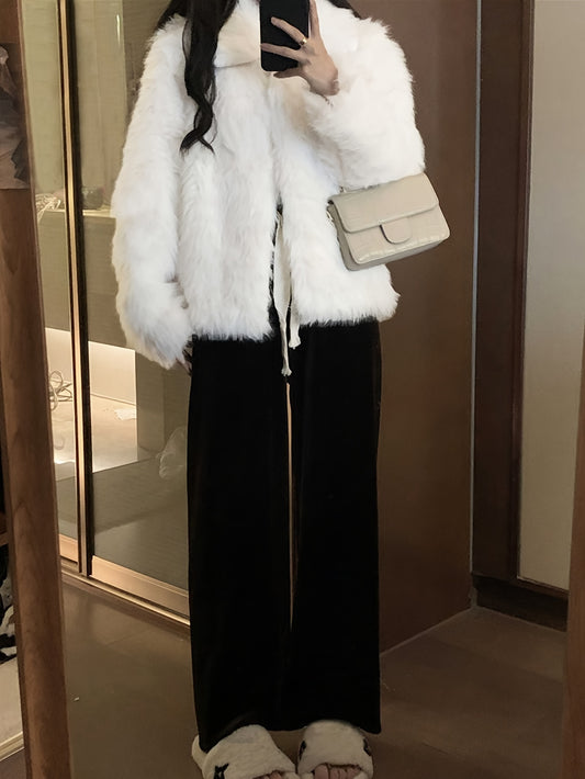 Sixsr Fuzzy Solid Coat, Casual Long Coat For Fall & Winter, Women's Clothing