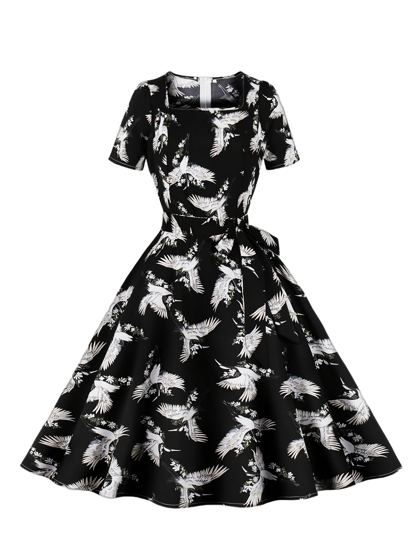 Sixsr Crane Print Tie Front Dress, Elegant Vintage Square Neck Short Sleeve Dress, Women's Clothing