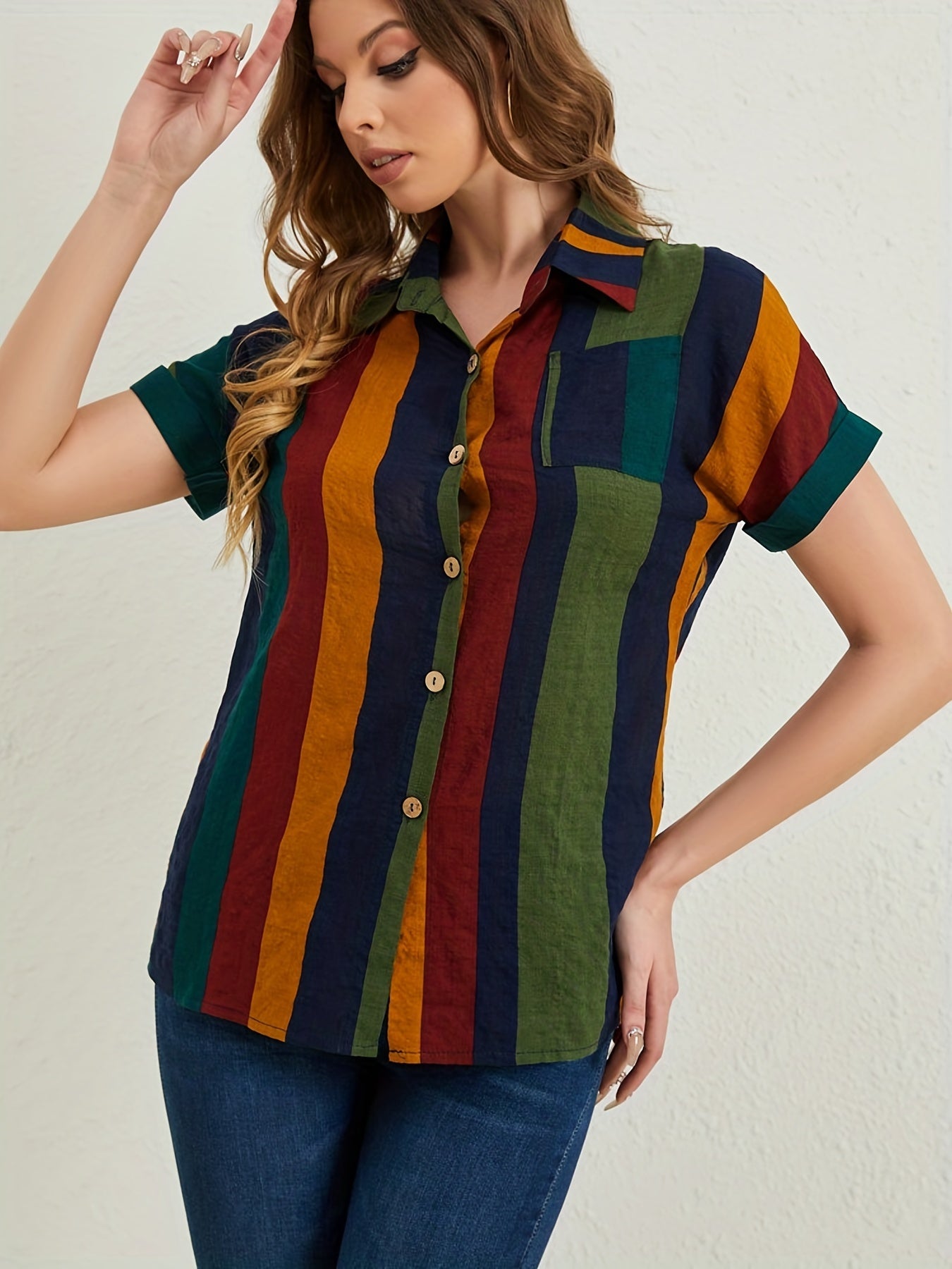 Sixsr Striped Button Front Blouse, Casual Short Sleeve Blouse For Spring & Summer, Women's Clothing