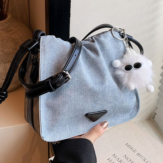 SIXSR 2025 Small bag women's popular new trendy pleated solid color shoulder messenger bag popular denim casual drawstring bucket bag