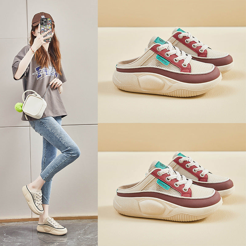 2025  summer new half-tray white shoes women's mesh breathable student board shoes casual thick sole height increase HB6608-1