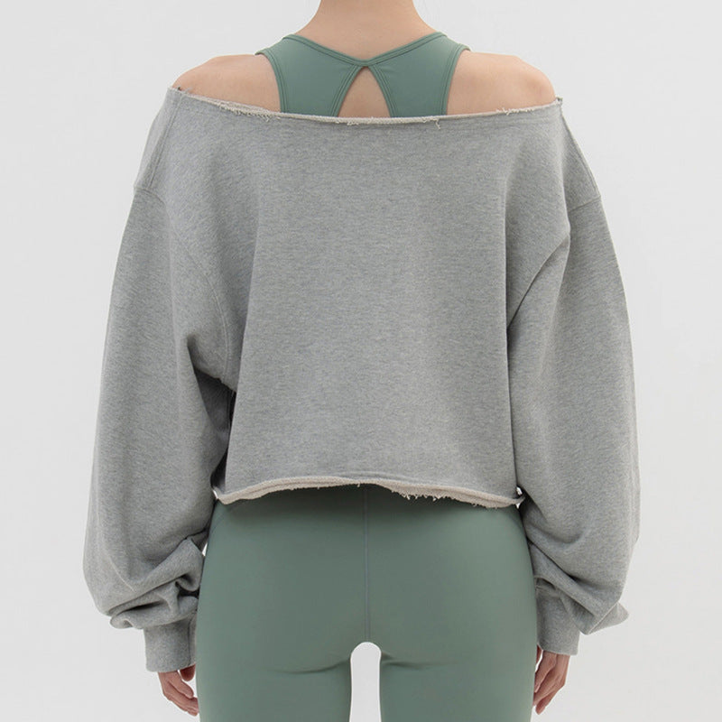 Sports slanted shoulder sweater spring and autumn new casual yoga clothes one-word collar short loose blouse long-sleeved dance top
