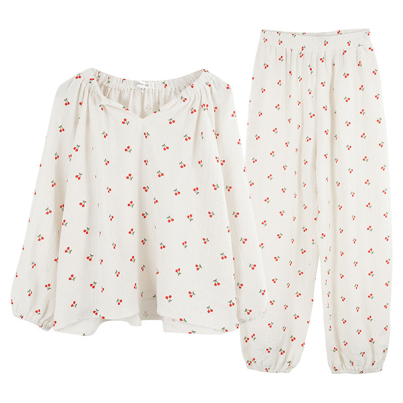 Spring Korean version ins style pure cotton loungewear women's V-neck loose simple lazy casual long-sleeved pajamas two-piece set
