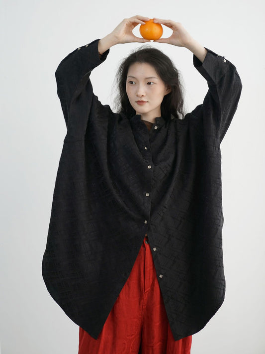 25 early spring new Chinese simple jacquard shirt, retro stand-up collar loose bat sleeve long top S25034