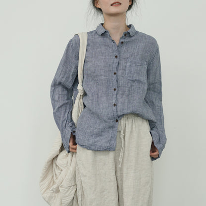 high-quality yarn-dyed linen plaid lapel shirt, literary and retro simple commuter plaid top W24345