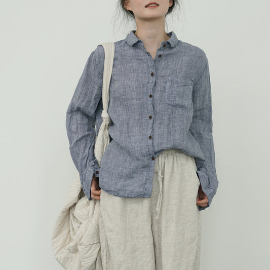 high-quality yarn-dyed linen plaid lapel shirt, literary and retro simple commuter plaid top W24345