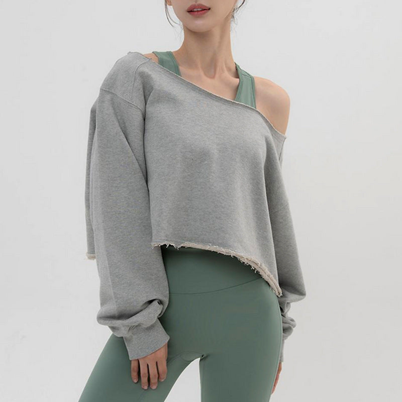 Sports slanted shoulder sweater spring and autumn new casual yoga clothes one-word collar short loose blouse long-sleeved dance top