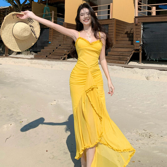 2025 High-end suspender slim and thin irregular split fork seaside vacation long skirt pastoral vacation birthday dinner gift