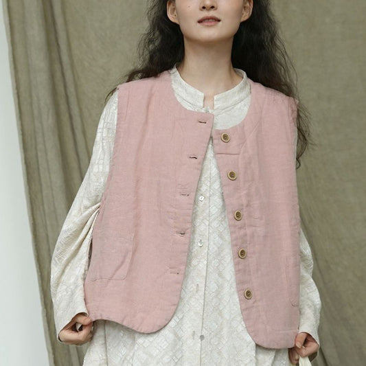 literary and simple single-breasted round neck linen padded vest casual versatile loose vest vest W24394