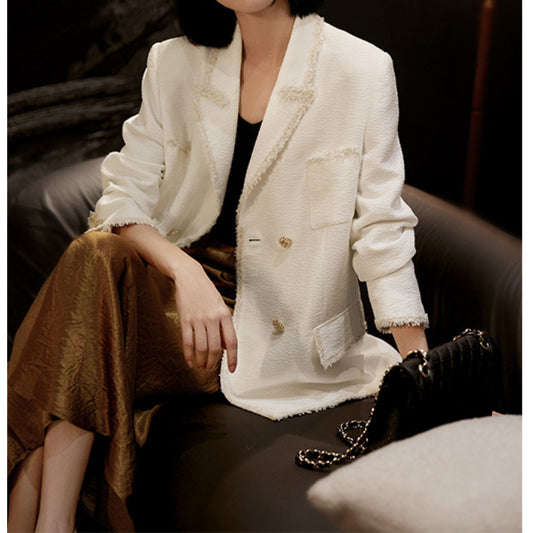2025 High-end white lazy small fragrant lace barred collar double-breasted blazer, temperament commuter women's spring clothing