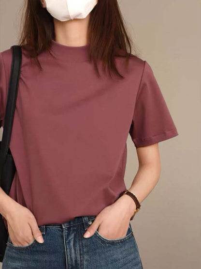 Siyuan, minimalist solid color comfortable horse cotton short-sleeved front shoulder T-shirt women's semi-high round neck basic versatile top 8127