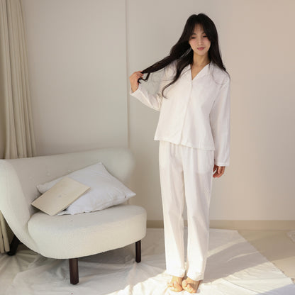 Lazy casual pure cotton women's loungewear three-dimensional cut flower high-end pajama set, flip-neck long-sleeved two-piece set