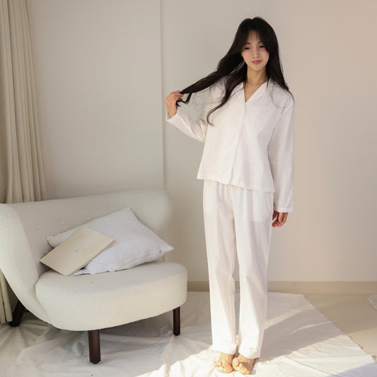 Lazy casual pure cotton women's loungewear three-dimensional cut flower high-end pajama set, flip-neck long-sleeved two-piece set