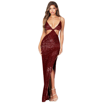 SIXSR 2025 2025 trade women's sequined backless dress, pure wind  split suspender hollow dress women