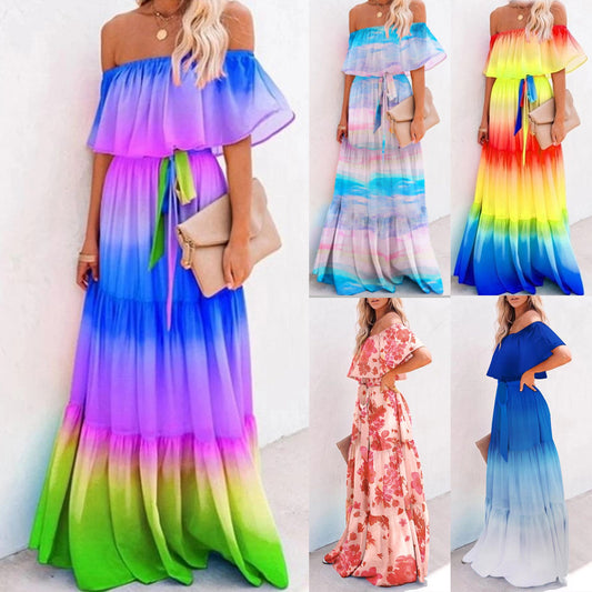 new  New independent station women's clothing  Dunhuang chest-wrapping printing big swing dress blue dress