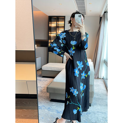 Miyake  spring and summer new high-end printing temperament elegant dress  round neck thin pleated dress