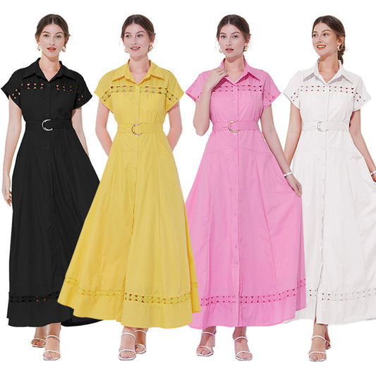 New Popular trade women's clothing lapel sleeveless belt waist hollow long dress women's A-shaped skirt long dress