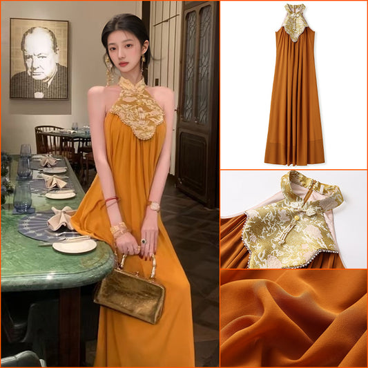 Spring and summer temperament high-end national style design long dress new Chinese fashion cheongsam collar giant beauty dress women N3098