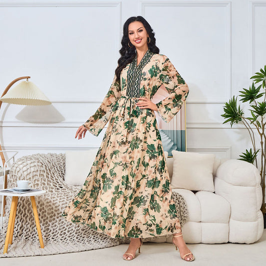 MT150 Middle East New Popular trade  Muslim women's clothing V-neck embroidered dress Dubai robe spot wholesale