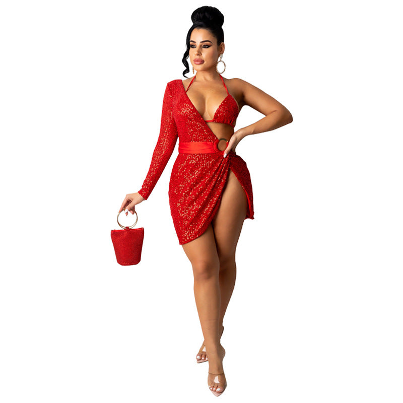 SIXSR dress summer women's sequined backless dress nightclub with underwear long-sleeved dress two-piece set