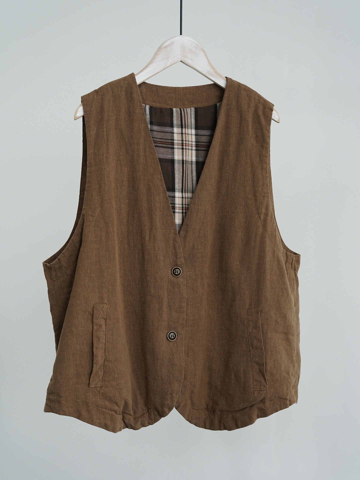 retro casual loose cotton and linen double-layer v-neck vest, literary tooling simple vest vest W24305