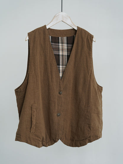 retro casual loose cotton and linen double-layer v-neck vest, literary tooling simple vest vest W24305