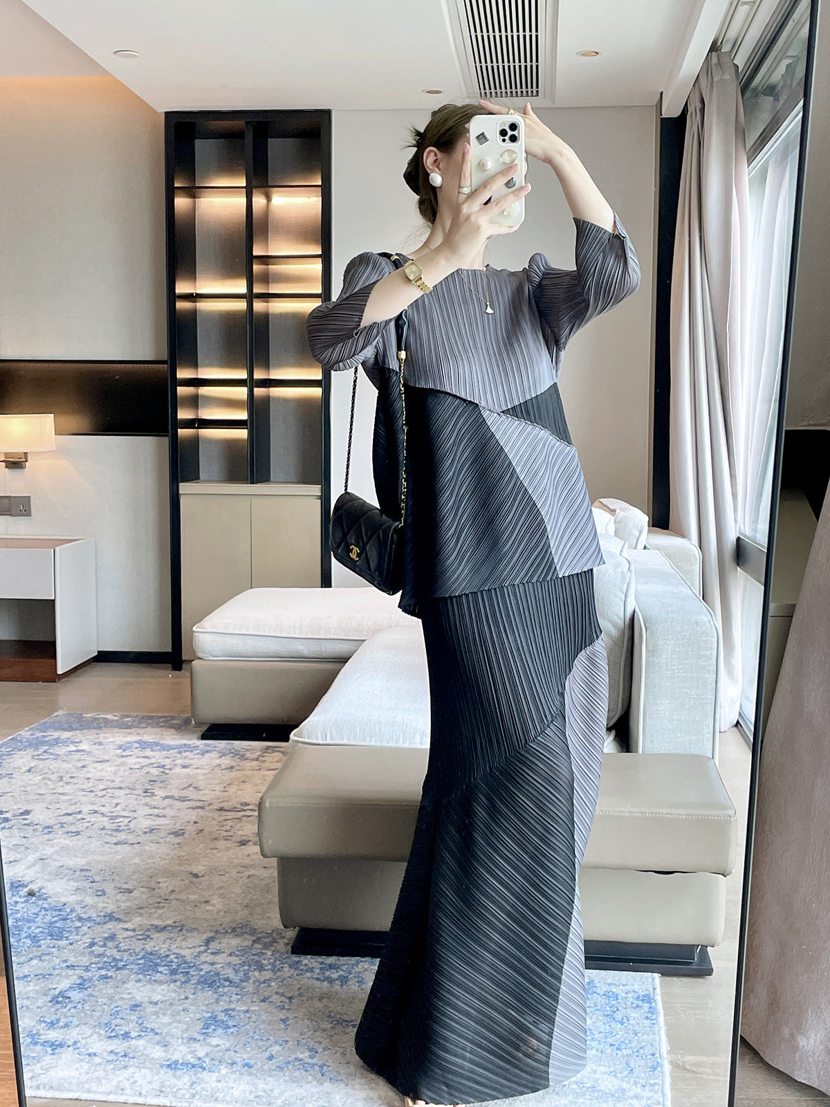 Folds  autumn designer high-end color matching fashion casual suit queen fan temperament elegant two-piece set