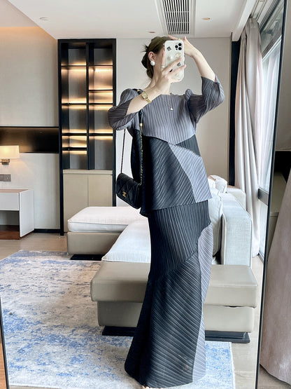 Folds  autumn designer high-end color matching fashion casual suit queen fan temperament elegant two-piece set
