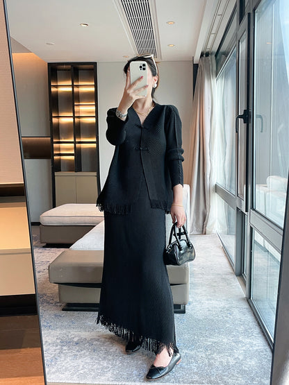 Miyake's new dragon scale pleated fashion suit women's high-end temperament slim top fringed design skirt two-piece set