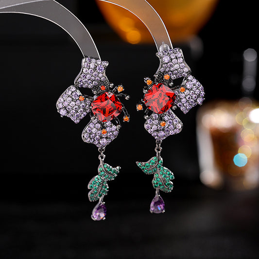 2025 retro court style earrings exaggerated atmosphere color zircon inlaid high sense light luxury water drop flower earrings