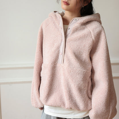 Lamb wool hooded top women's clothing fresh and sweet half-open button thermal sweater lazy solid color long-sleeved jumper