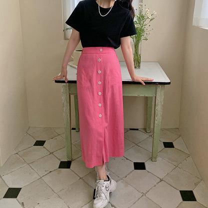 Skirt, medium and long summer women's clothing, Japanese blue skirt, elastic waist, hip-wrapped breasted design, over-the-knee A-shaped skirt